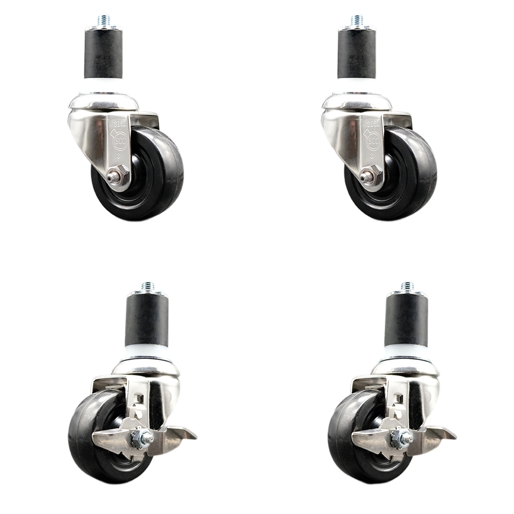 Soft Rubber Swivel Stem Caster Set of 4 with 3 Inch Caster Wheels - 1-7/8" Expanding Stems - 316 Stainless Steel Casters - Includes 2 Swivel with Top Lock Brakes and 2 Swivel - Service Caster Brand — photo 1