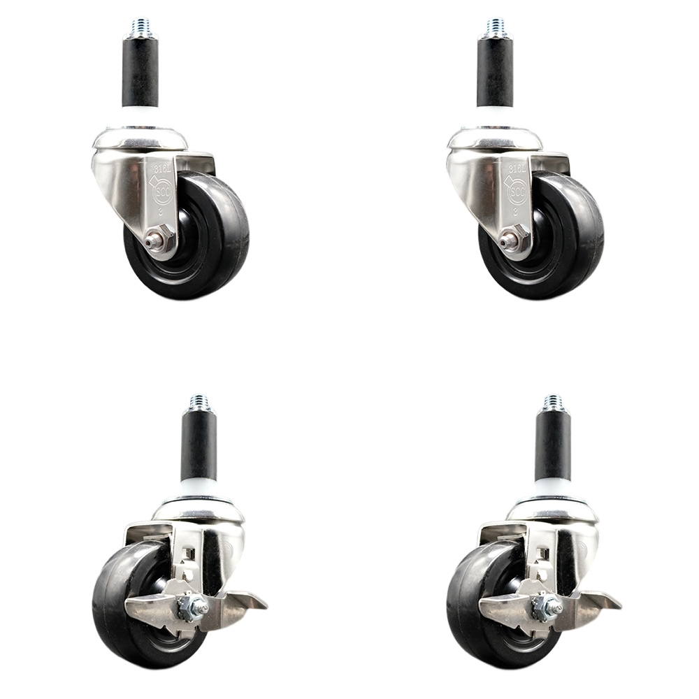 Hard Rubber Swivel Stem Caster Set of 4 with 3.5 Inch Caster Wheels - 1" Expanding Stems - 316 Stainless Steel Casters - Includes 2 Swivel with Top Lock Brakes and 2 Swivel - Service Caster Brand — photo 1
