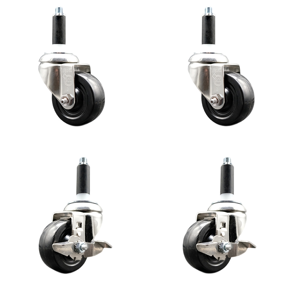 Soft Rubber Swivel Stem Caster Set of 4 with 3 Inch Caster Wheels - 3/4" Expanding Stems - 316 Stainless Steel Casters - Includes 2 Swivel with Top Lock Brakes and 2 Swivel - Service Caster Brand — photo 1