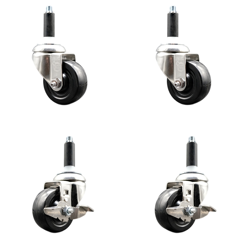 Soft Rubber Swivel Stem Caster Set of 4 with 3 Inch Caster Wheels - 7/8" Expanding Stems - 316 Stainless Steel Casters - Includes 2 Swivel with Top Lock Brakes and 2 Swivel - Service Caster Brand — photo 1