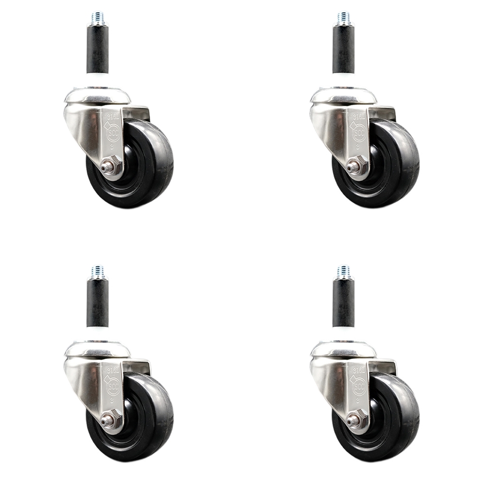 Hard Rubber Swivel Stem Caster Set of 4 with 3 Inch Black Caster Wheels - 7/8" Expanding Stems - 316 Stainless Steel Casters - Includes 4 Swivel Casters - Service Caster Brand — photo 1