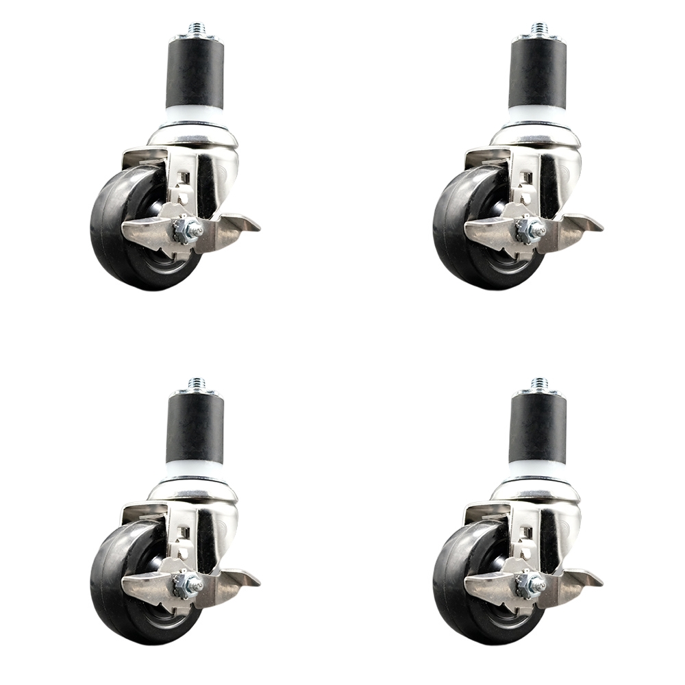 Hard Rubber Swivel Stem Caster Set of 4 with 3 Inch Caster Wheels - 1-3/4" Expanding Stems - 316 Stainless Steel Casters - Includes 4 Swivel Casters with Top Lock Brakes - Service Caster Brand — photo 1