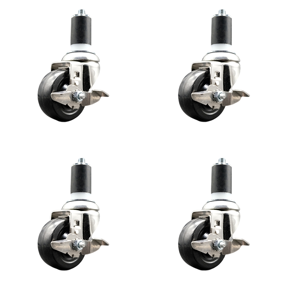 Hard Rubber Swivel Stem Caster Set of 4 with 3 Inch Caster Wheels - 1-5/8" Expanding Stems - 316 Stainless Steel Casters - Includes 4 Swivel Casters with Top Lock Brakes - Service Caster Brand — photo 1