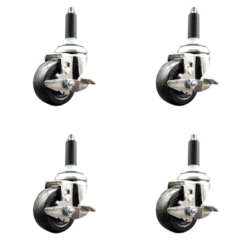 Hard Rubber Swivel Stem Caster Set of 4 with 3 Inch Caster Wheels - 3/4" Expanding Stems - 316 Stainless Steel Casters - Includes 4 Swivel Casters with Top Lock Brakes - Service Caster Brand — photo 1