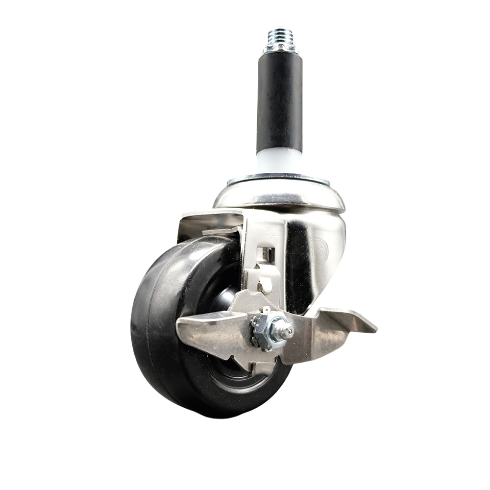 Soft Rubber Swivel Stem Caster with 3 Inch Black Caster Wheel and Top Lock Brake - 3/4" Expanding Stem - 316 Stainless Steel Caster - 175 lbs. Capacity Per Caster - Service Caster Brand — photo 1