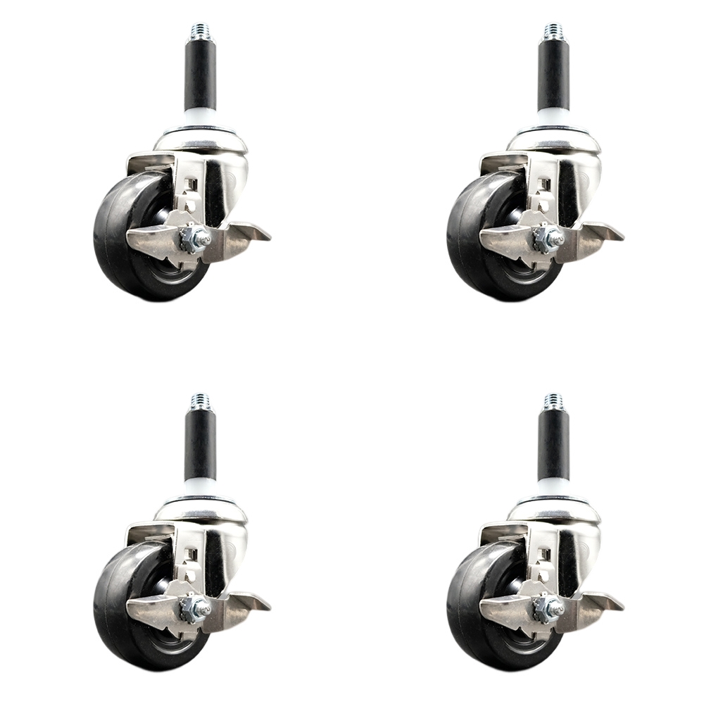 Soft Rubber Swivel Stem Caster Set of 4 with 3 Inch Caster Wheels - 7/8" Expanding Stems - 316 Stainless Steel Casters - Includes 4 Swivel Casters with Top Lock Brakes - Service Caster Brand — photo 1