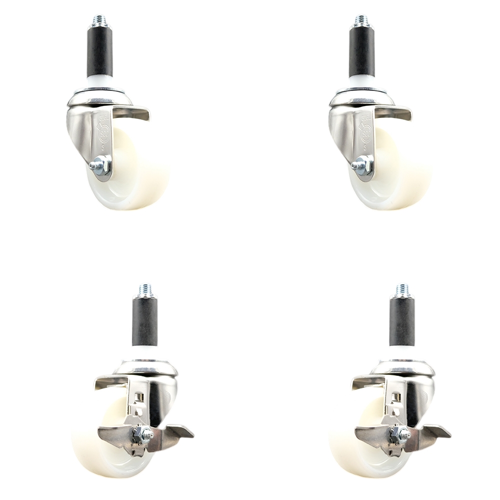 Nylon Swivel Stem Caster Set of 4 with 3 Inch Caster Wheels - 1-1/8" Expanding Stems - 316 Stainless Steel Casters - Includes 2 Swivel with Top Lock Brakes and 2 Swivel - Service Caster Brand — photo 1