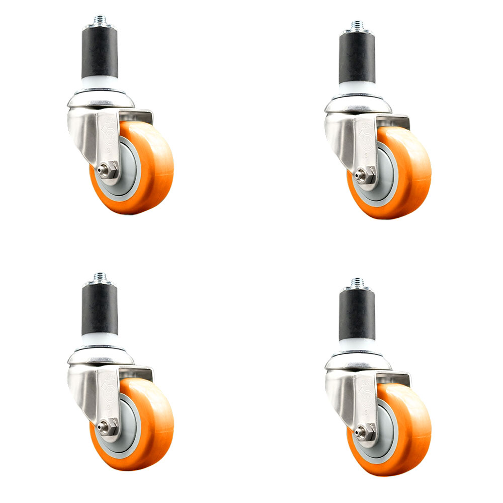 Polyurethane Swivel Stem Caster Set of 4 with 3.5 Inch Orange Caster Wheels - 1-1/2" Expanding Stems - 316 Stainless Steel Casters - Includes 4 Swivel Casters - Service Caster Brand — photo 1