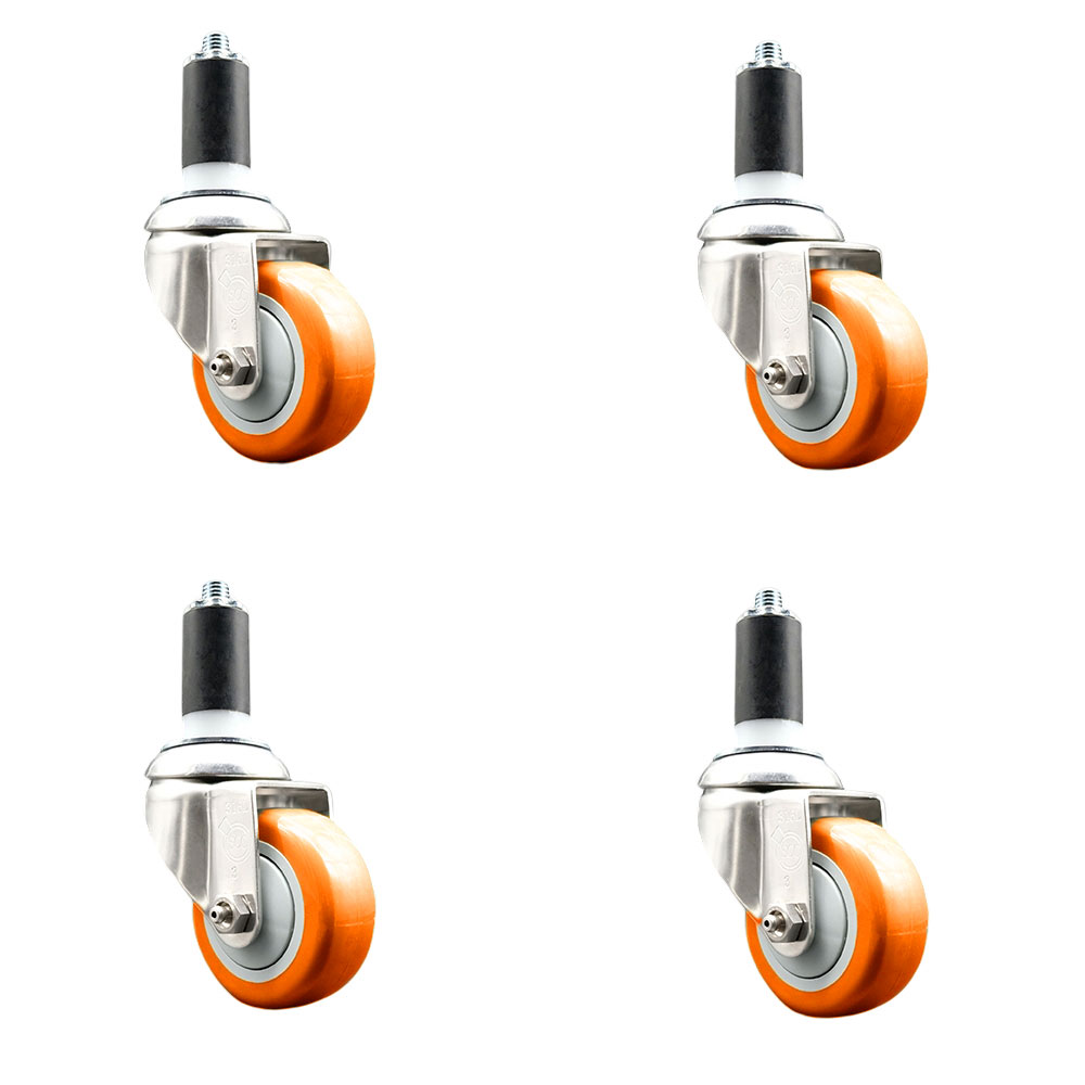 Polyurethane Swivel Stem Caster Set of 4 with 3.5 Inch Orange Caster Wheels - 1-1/4" Expanding Stems - 316 Stainless Steel Casters - Includes 4 Swivel Casters - Service Caster Brand — photo 1