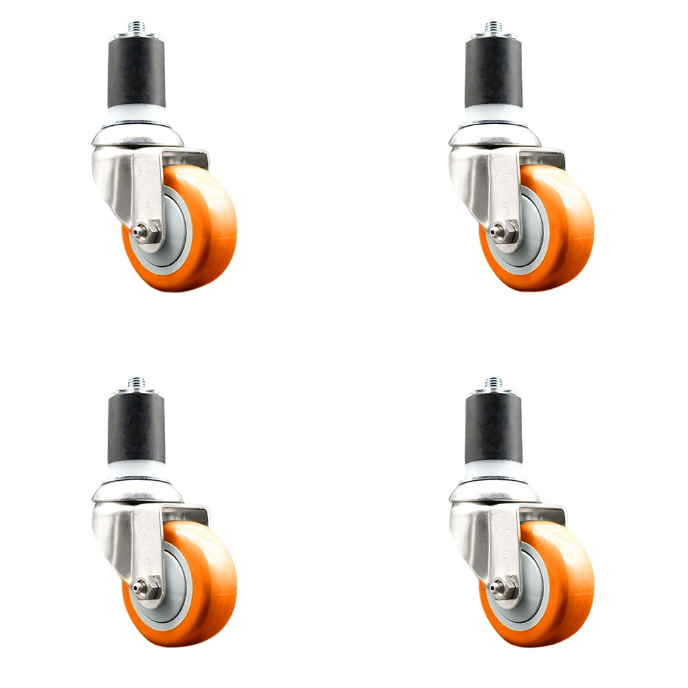 Polyurethane Swivel Stem Caster Set of 4 with 3.5 Inch Orange Caster Wheels - 1-3/4" Expanding Stems - 316 Stainless Steel Casters - Includes 4 Swivel Casters - Service Caster Brand — photo 1