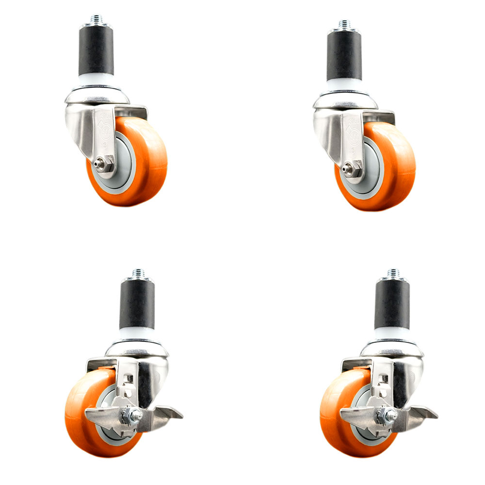 Polyurethane Swivel Stem Caster Set of 4 with 3.5 Inch Orange Caster Wheels - 1-1/2" Expanding Stem-316 Stainless Steel Casters-Includes 2 Swivel with Top Lock Brakes and 2 Swivel-Service Caster Brand — photo 1