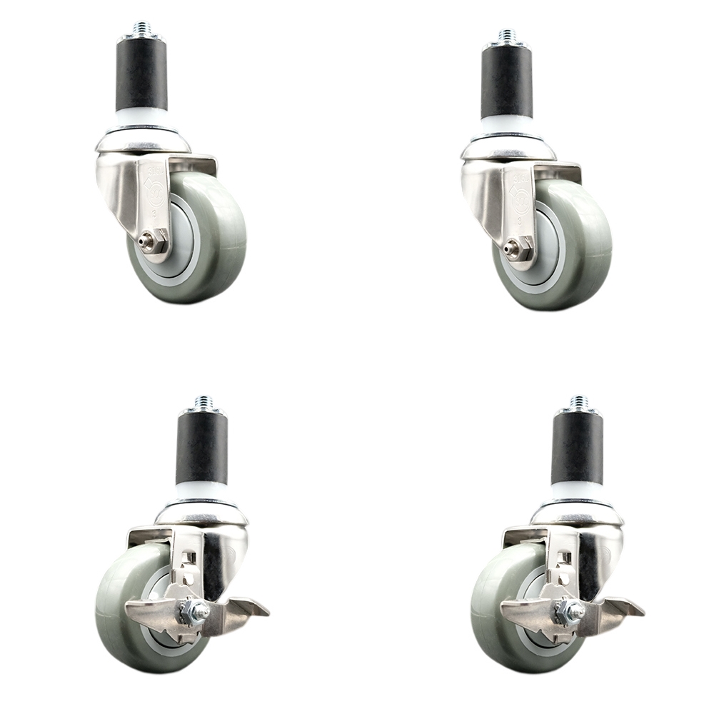 Polyurethane Swivel Stem Caster Set of 4 with 3 Inch Gray Caster Wheels - 1-1/2" Expanding Stems - 316 Stainless Steel Casters-Includes 2 Swivel with Top Lock Brakes and 2 Swivel-Service Caster Brand — photo 1