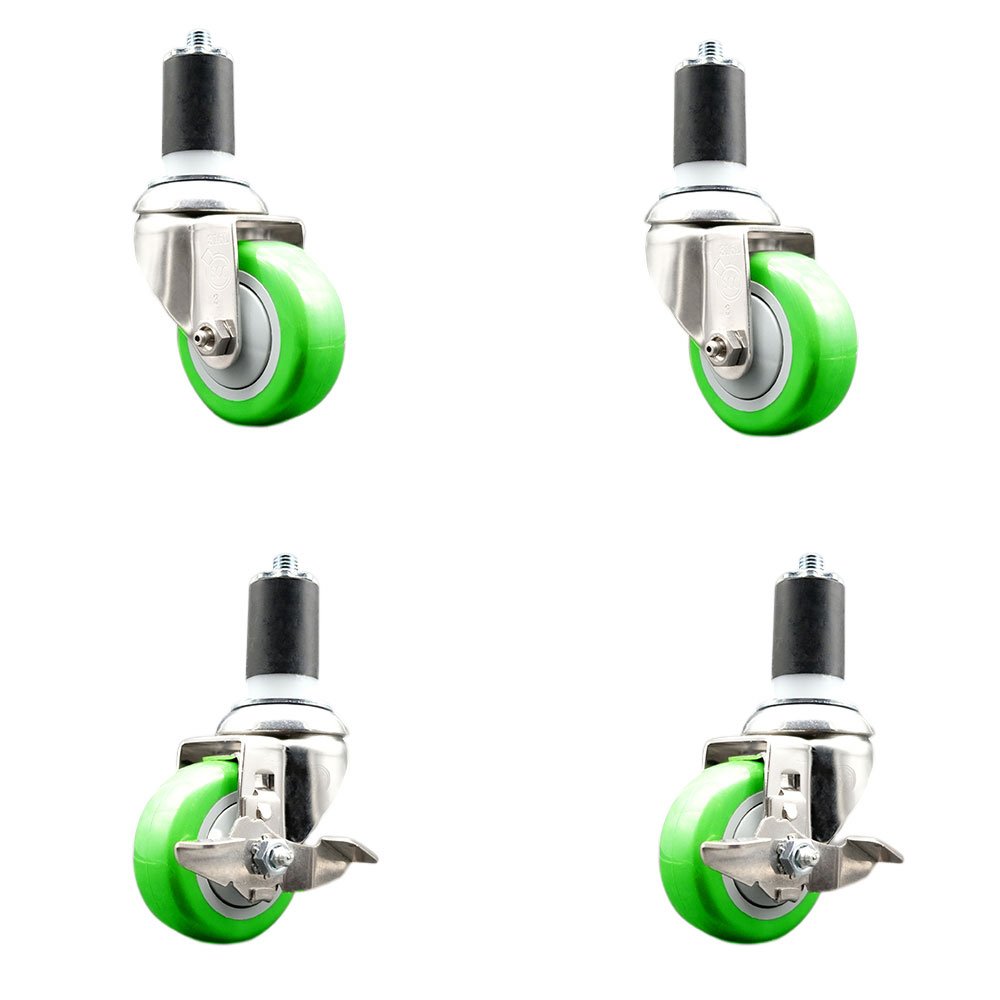 Polyurethane Swivel Stem Caster Set of 4 with 3.5 Inch Green Caster Wheels - 1-1/2" Expanding Stems-316 Stainless Steel Casters-Includes 2 Swivel with Top Lock Brakes and 2 Swivel-Service Caster Brand — photo 1