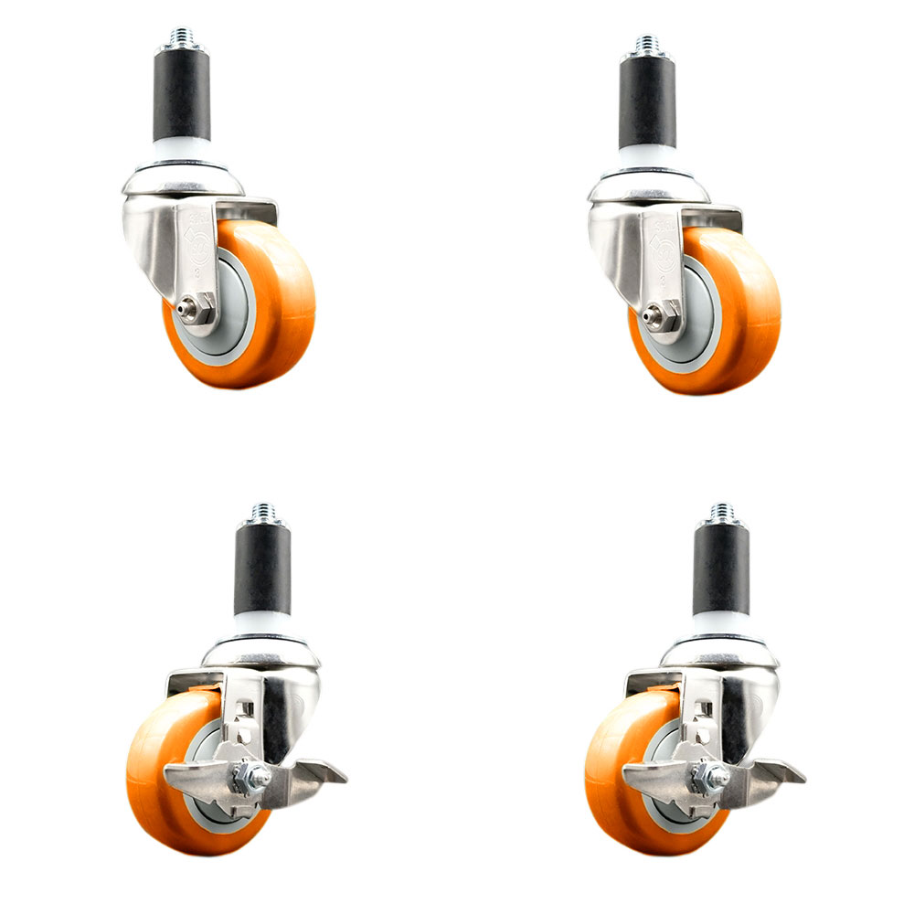 Polyurethane Swivel Stem Caster Set of 4 with 3.5 Inch Orange Caster Wheels - 1-1/4" Expanding Stem-316 Stainless Steel Casters-Includes 2 Swivel with Top Lock Brakes and 2 Swivel-Service Caster Brand — photo 1