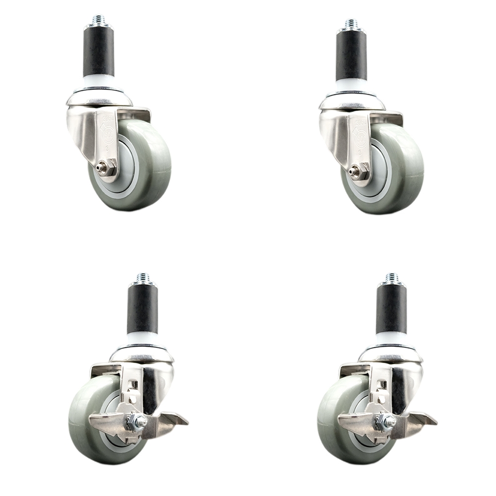 Polyurethane Swivel Stem Caster Set of 4 with 3 Inch Gray Caster Wheels - 1-1/4" Expanding Stems - 316 Stainless Steel Casters-Includes 2 Swivel with Top Lock Brakes and 2 Swivel-Service Caster Brand — photo 1