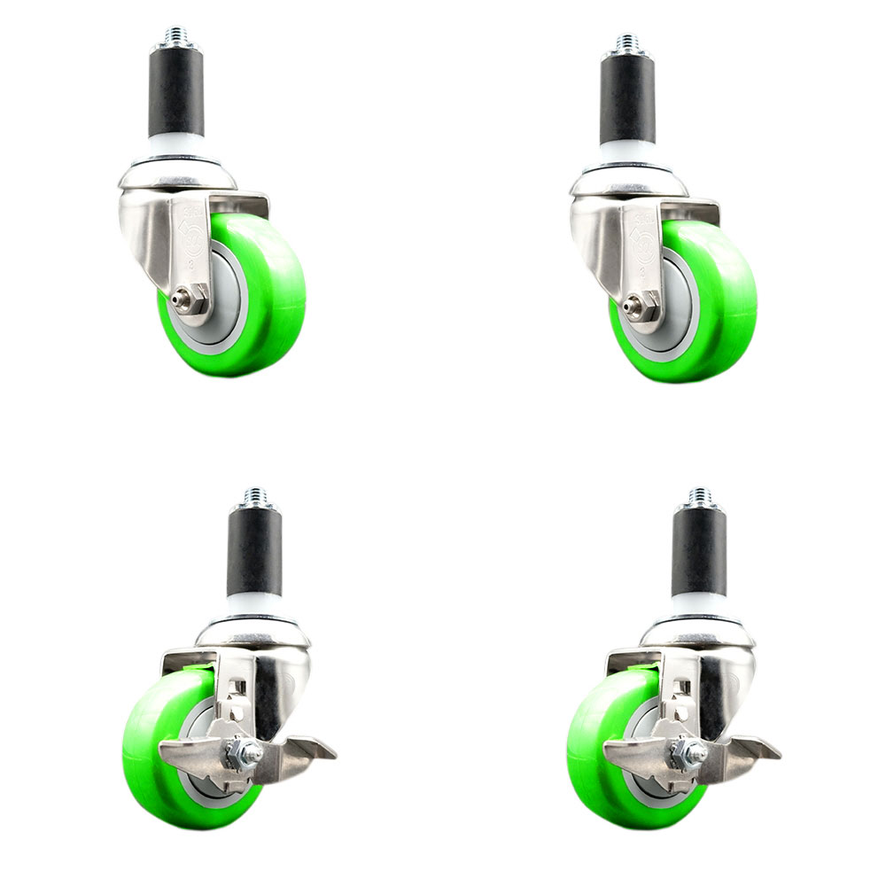 Polyurethane Swivel Stem Caster Set of 4 with 3.5 Inch Green Caster Wheels - 1-1/4" Expanding Stems-316 Stainless Steel Casters-Includes 2 Swivel with Top Lock Brakes and 2 Swivel-Service Caster Brand — photo 1
