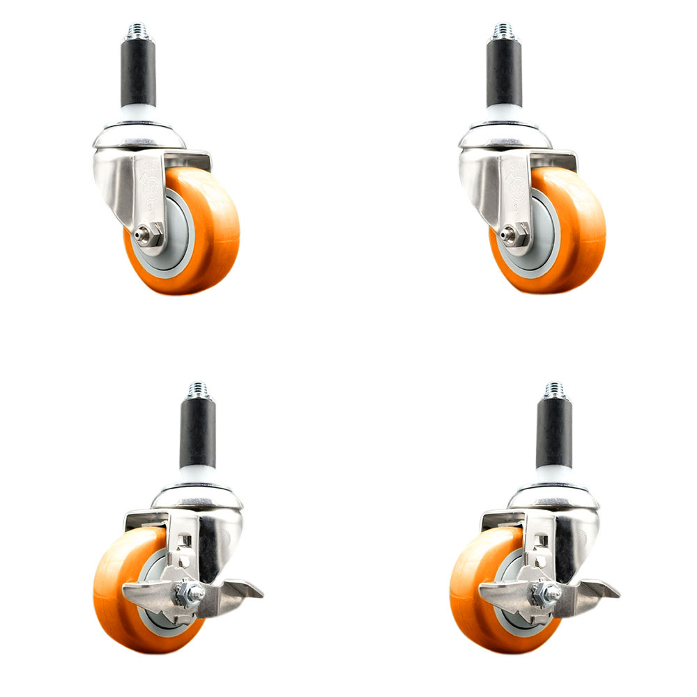 Polyurethane Swivel Stem Caster Set of 4 with 3.5 Inch Orange Caster Wheels - 1-1/8" Expanding Stem-316 Stainless Steel Casters-Includes 2 Swivel with Top Lock Brakes and 2 Swivel-Service Caster Brand — photo 1