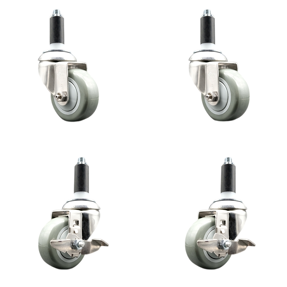 Polyurethane Swivel Stem Caster Set of 4 with 3 Inch Gray Caster Wheels - 1-1/8" Expanding Stems - 316 Stainless Steel Casters-Includes 2 Swivel with Top Lock Brakes and 2 Swivel-Service Caster Brand — photo 1