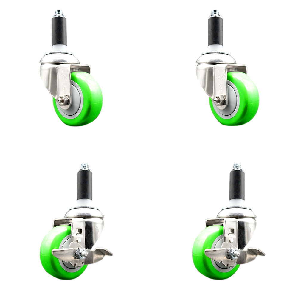 Polyurethane Swivel Stem Caster Set of 4 with 3.5 Inch Green Caster Wheels - 1-1/8" Expanding Stems-316 Stainless Steel Casters-Includes 2 Swivel with Top Lock Brakes and 2 Swivel-Service Caster Brand — photo 1