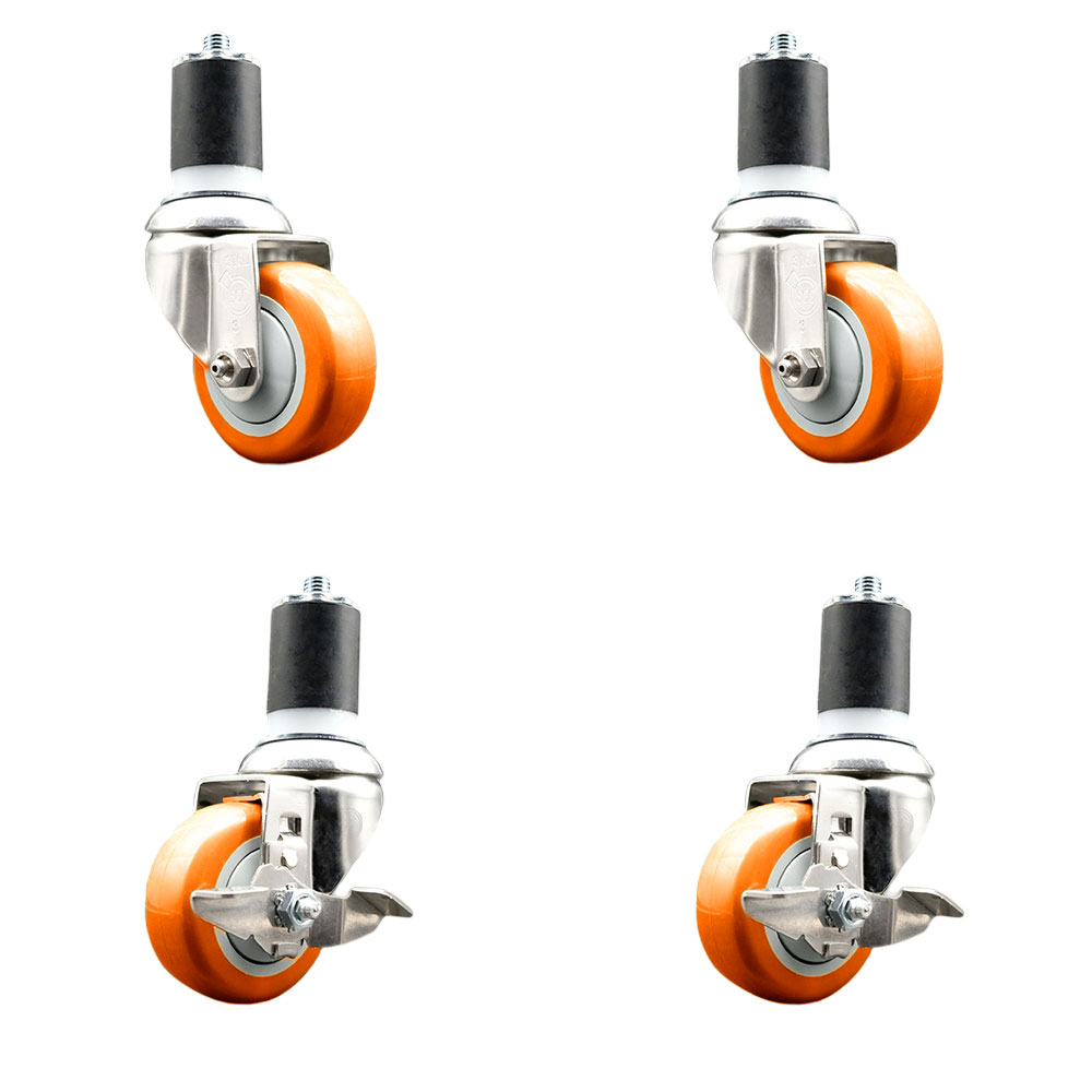 Polyurethane Swivel Stem Caster Set of 4 with 3.5 Inch Orange Caster Wheels - 1-3/4" Expanding Stem-316 Stainless Steel Casters-Includes 2 Swivel with Top Lock Brakes and 2 Swivel-Service Caster Brand — photo 1