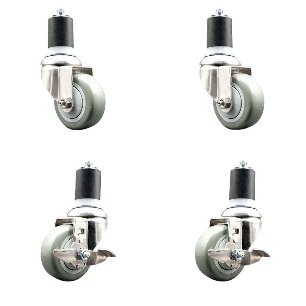 Polyurethane Swivel Stem Caster Set of 4 with 3.5 Inch Gray Caster Wheels - 1-3/4" Expanding Stems-316 Stainless Steel Casters-Includes 2 Swivel with Top Lock Brakes and 2 Swivel-Service Caster Brand — photo 1
