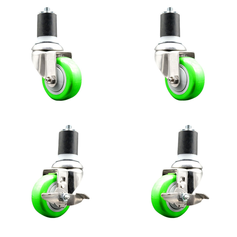 Polyurethane Swivel Stem Caster Set of 4 with 3.5 Inch Green Caster Wheels - 1-3/4" Expanding Stems-316 Stainless Steel Casters-Includes 2 Swivel with Top Lock Brakes and 2 Swivel-Service Caster Brand — photo 1