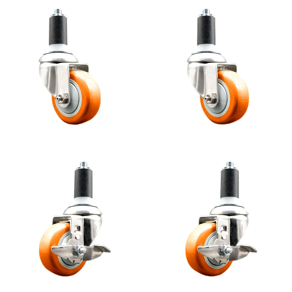 Polyurethane Swivel Stem Caster Set of 4 with 3.5 Inch Orange Caster Wheels - 1-3/8" Expanding Stem-316 Stainless Steel Casters-Includes 2 Swivel with Top Lock Brakes and 2 Swivel-Service Caster Brand — photo 1