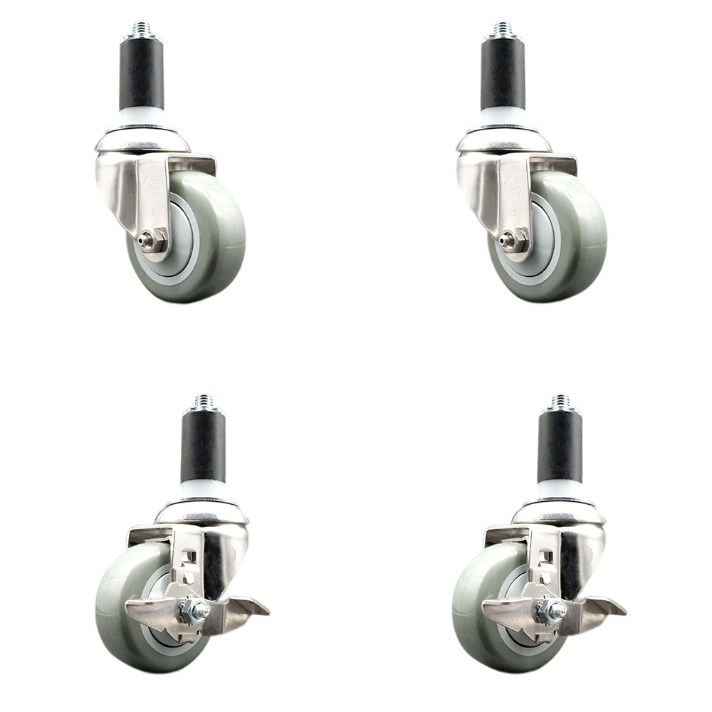 Polyurethane Swivel Stem Caster Set of 4 with 3 Inch Gray Caster Wheels - 1-3/8" Expanding Stems - 316 Stainless Steel Casters-Includes 2 Swivel with Top Lock Brakes and 2 Swivel-Service Caster Brand — photo 1