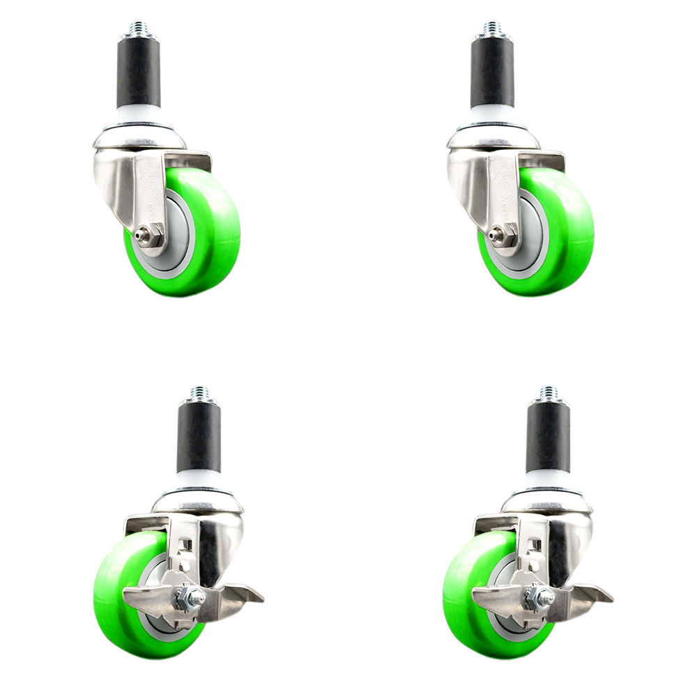 Polyurethane Swivel Stem Caster Set of 4 with 3.5 Inch Green Caster Wheels - 1-3/8" Expanding Stems-316 Stainless Steel Casters-Includes 2 Swivel with Top Lock Brakes and 2 Swivel-Service Caster Brand — photo 1