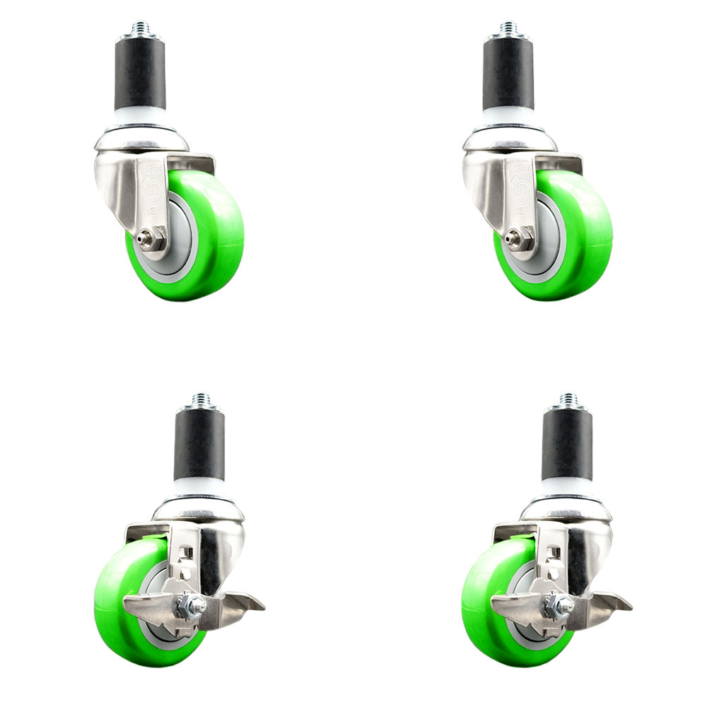Polyurethane Swivel Stem Caster Set of 4 with 3.5 Inch Green Caster Wheels - 1-5/8" Expanding Stems-316 Stainless Steel Casters-Includes 2 Swivel with Top Lock Brakes and 2 Swivel-Service Caster Brand — photo 1