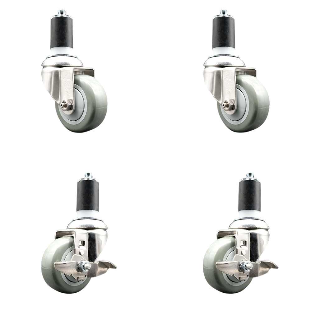 Polyurethane Swivel Stem Caster Set of 4 with 3 Inch Gray Caster Wheels - 1-5/8" Expanding Stems - 316 Stainless Steel Casters-Includes 2 Swivel with Top Lock Brakes and 2 Swivel-Service Caster Brand — photo 1