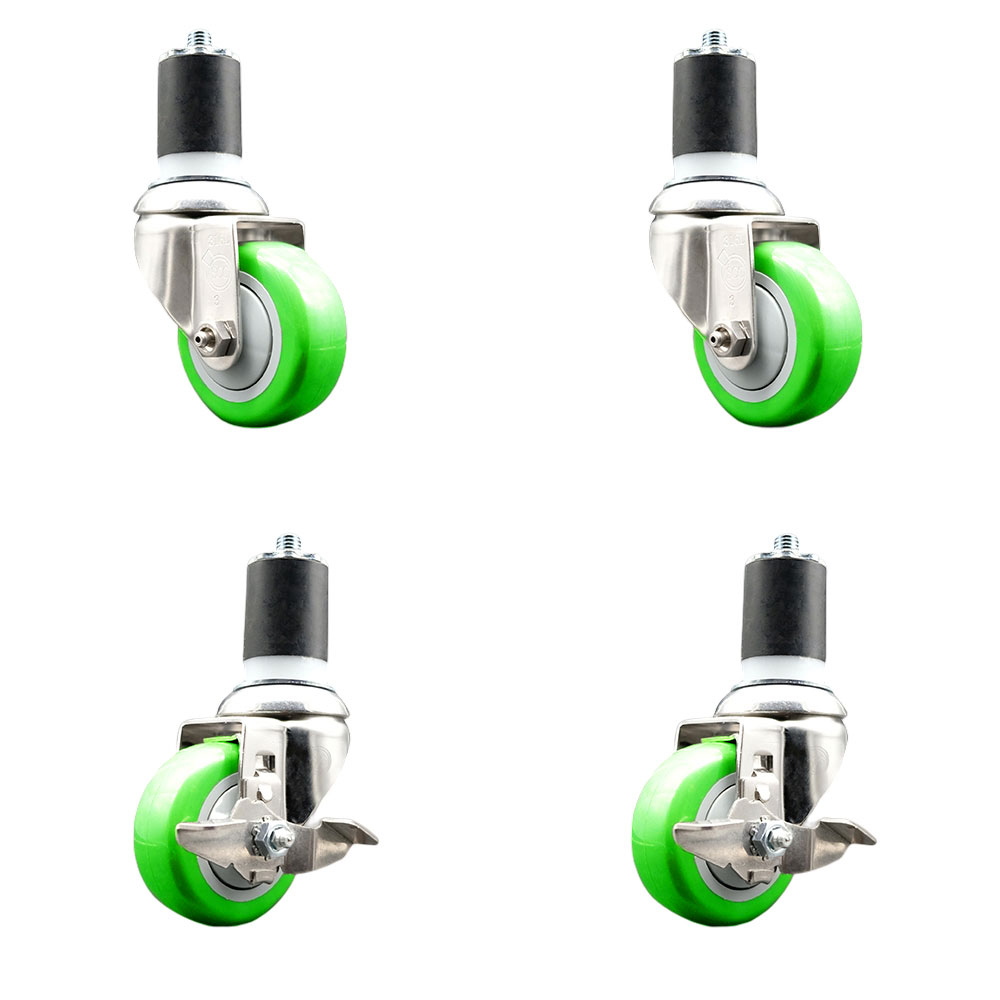 Polyurethane Swivel Stem Caster Set of 4 with 3.5 Inch Green Caster Wheels - 1-7/8" Expanding Stems-316 Stainless Steel Casters-Includes 2 Swivel with Top Lock Brakes and 2 Swivel-Service Caster Brand — photo 1