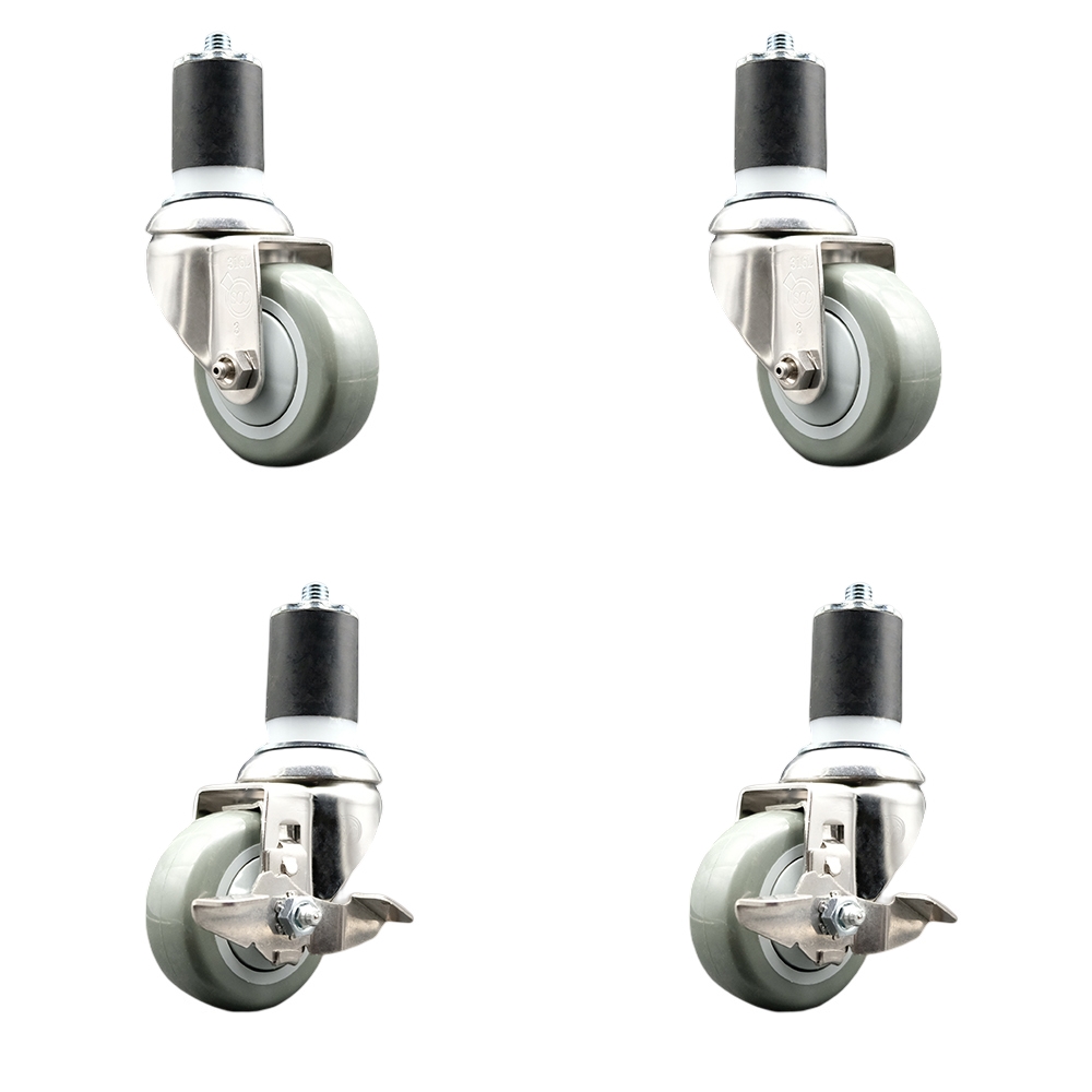 Polyurethane Swivel Stem Caster Set of 4 with 3 Inch Gray Caster Wheels - 1-7/8" Expanding Stems - 316 Stainless Steel Casters-Includes 2 Swivel with Top Lock Brakes and 2 Swivel-Service Caster Brand — photo 1