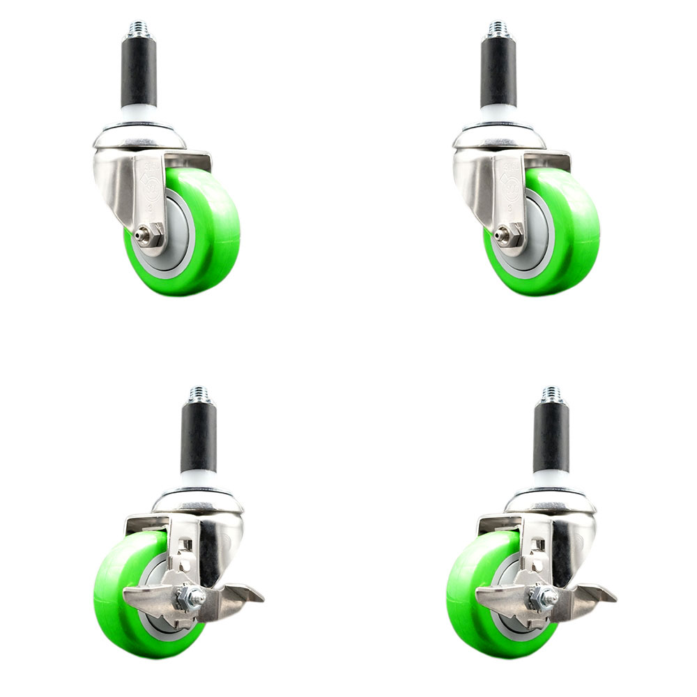 Polyurethane Swivel Stem Caster Set of 4 with 3.5 Inch Green Caster Wheels - 1" Expanding Stems - 316 Stainless Steel Casters - Includes 2 Swivel with Top Lock Brakes and 2 Swivel-Service Caster Brand — photo 1