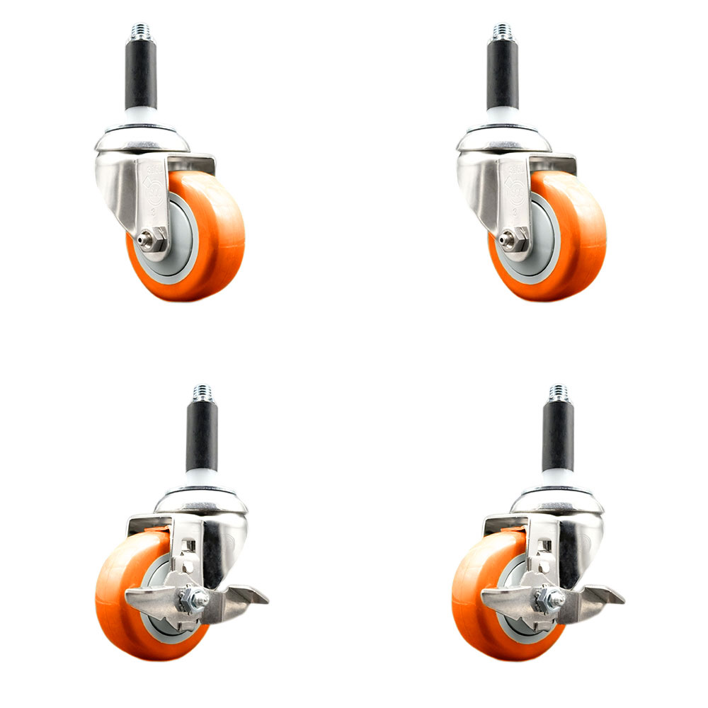 Polyurethane Swivel Stem Caster Set of 4 with 3.5 Inch Orange Caster Wheels - 3/4" Expanding Stems -316 Stainless Steel Casters-Includes 2 Swivel with Top Lock Brakes and 2 Swivel-Service Caster Brand — photo 1