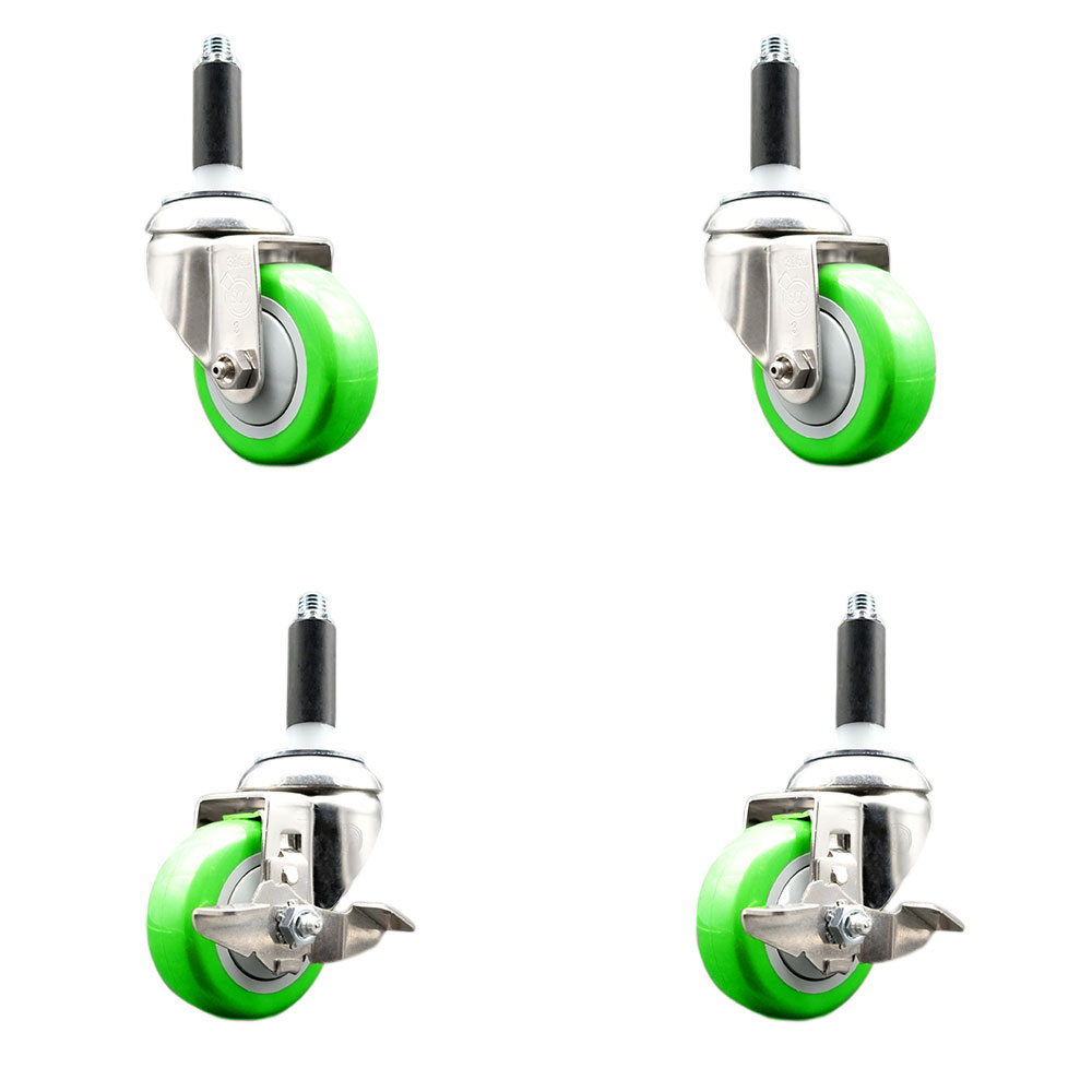 Polyurethane Swivel Stem Caster Set of 4 with 3.5 Inch Green Caster Wheels - 3/4" Expanding Stems - 316 Stainless Steel Casters-Includes 2 Swivel with Top Lock Brakes and 2 Swivel-Service Caster Brand — photo 1