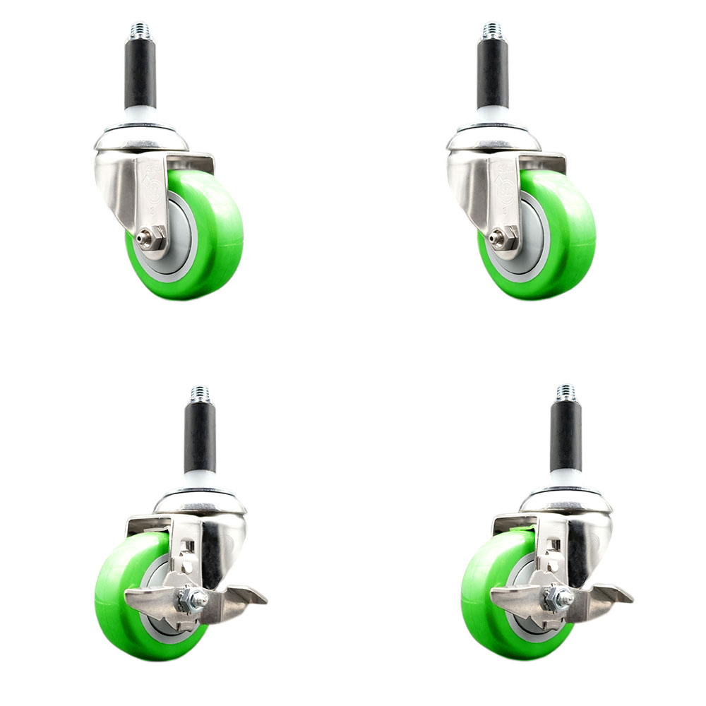 Polyurethane Swivel Stem Caster Set of 4 with 3.5 Inch Green Caster Wheels - 7/8" Expanding Stems - 316 Stainless Steel Casters-Includes 2 Swivel with Top Lock Brakes and 2 Swivel-Service Caster Brand — photo 1