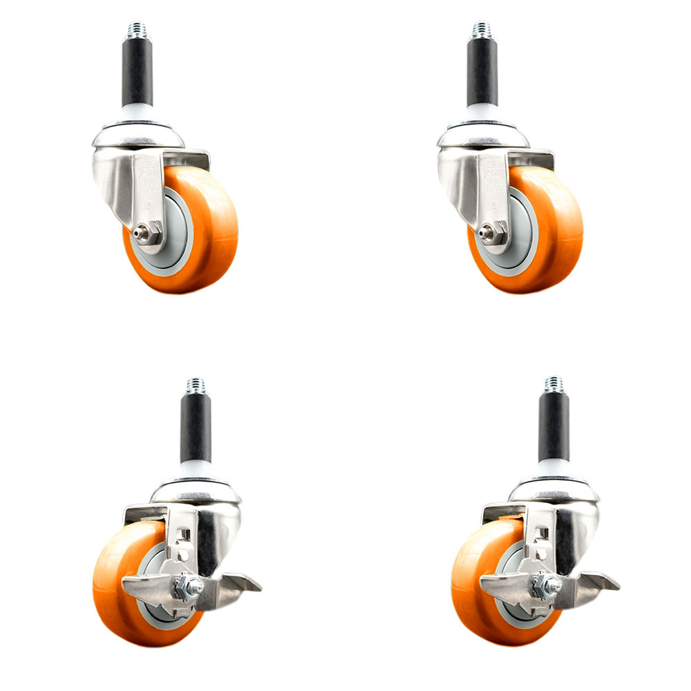 Polyurethane Swivel Stem Caster Set of 4 with 3.5 Inch Orange Caster Wheels - 7/8" Expanding Stems -316 Stainless Steel Casters-Includes 2 Swivel with Top Lock Brakes and 2 Swivel-Service Caster Brand — photo 1