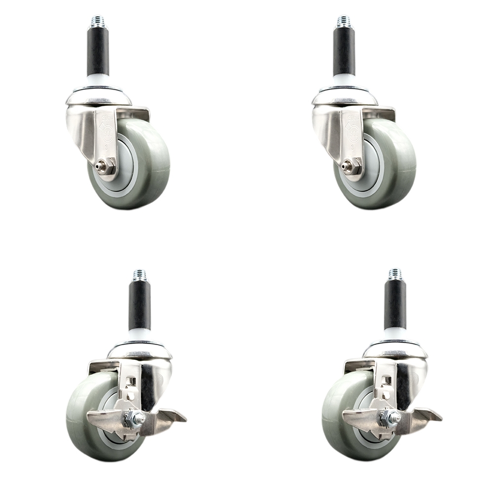 Polyurethane Swivel Stem Caster Set of 4 with 3 Inch Gray Caster Wheels - 7/8" Expanding Stems - 316 Stainless Steel Casters - Includes 2 Swivel with Top Lock Brakes and 2 Swivel-Service Caster Brand — photo 1