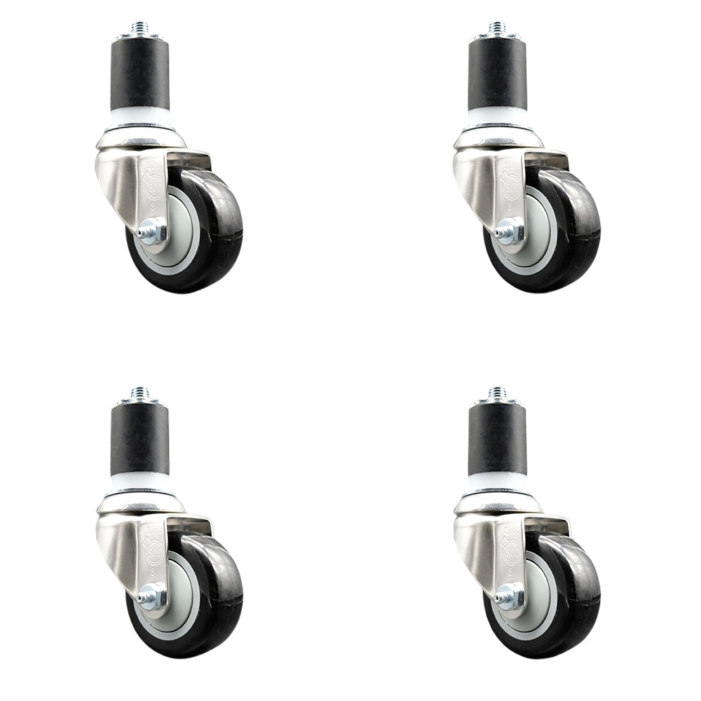 Polyurethane Swivel Stem Caster Set of 4 with 3 Inch Black Caster Wheels - 1-3/4" Expanding Stems - 316 Stainless Steel Casters - Includes 4 Swivel Casters - Service Caster Brand — photo 1