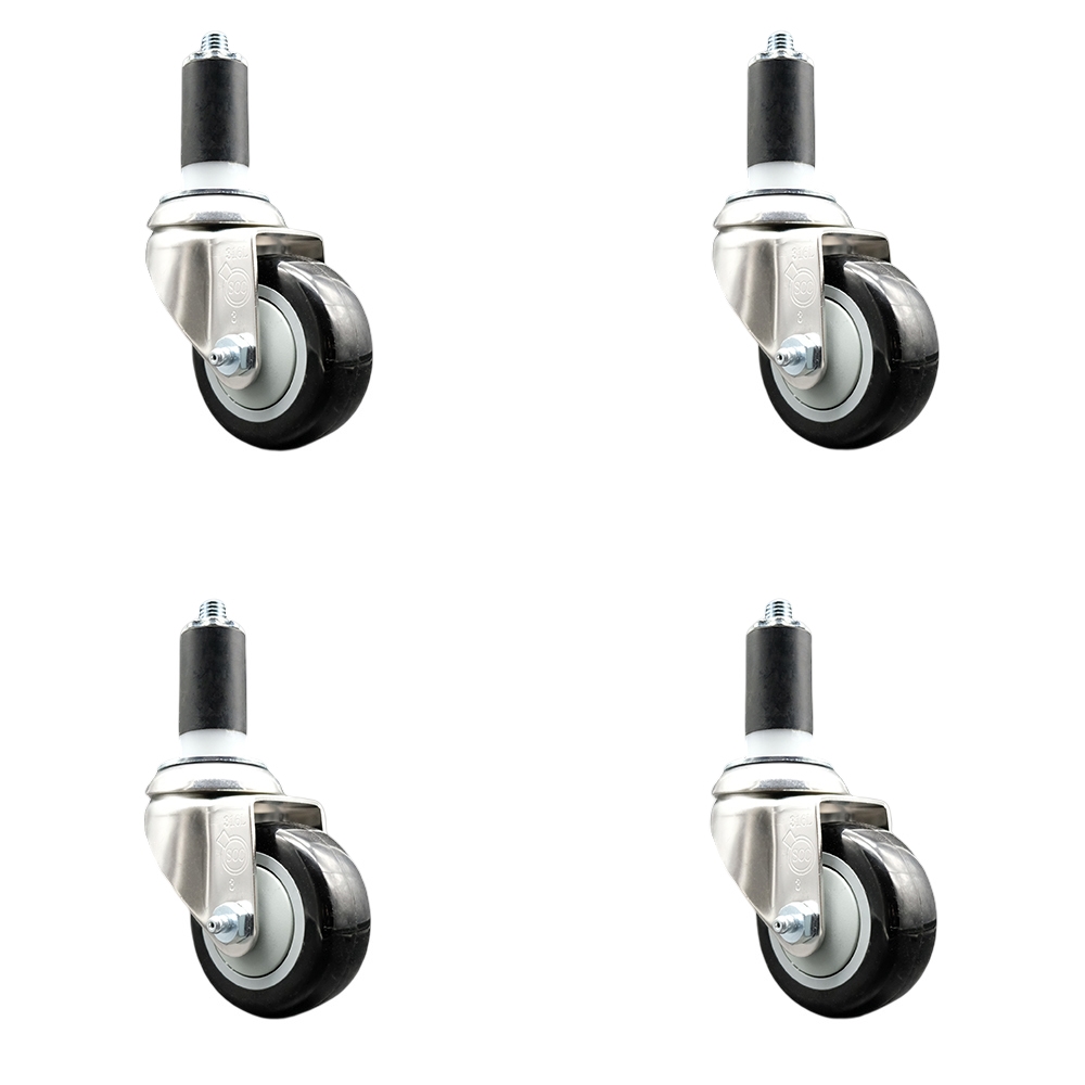 Polyurethane Swivel Stem Caster Set of 4 with 3 Inch Black Caster Wheels - 1-3/8" Expanding Stems - 316 Stainless Steel Casters - Includes 4 Swivel Casters - Service Caster Brand — photo 1