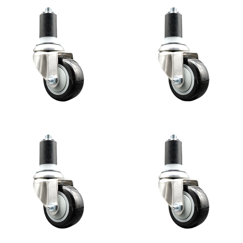 Polyurethane Swivel Stem Caster Set of 4 with 3 Inch Black Caster Wheels - 1-5/8" Expanding Stems - 316 Stainless Steel Casters - Includes 4 Swivel Casters - Service Caster Brand — photo 1