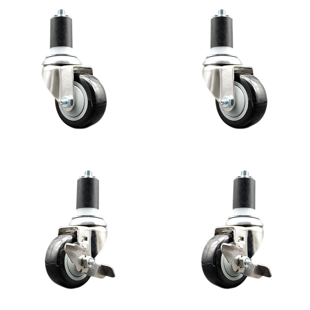 Polyurethane Swivel Stem Caster Set of 4 with 3 Inch Black Caster Wheels - 1-1/2" Expanding Stems - 316 Stainless Steel Casters-Includes 2 Swivel with Top Lock Brakes and 2 Swivel-Service Caster Brand — photo 1