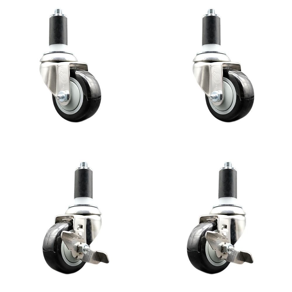 Polyurethane Swivel Stem Caster Set of 4 with 3 Inch Black Caster Wheels - 1-1/4" Expanding Stems - 316 Stainless Steel Casters-Includes 2 Swivel with Top Lock Brakes and 2 Swivel-Service Caster Brand — photo 1