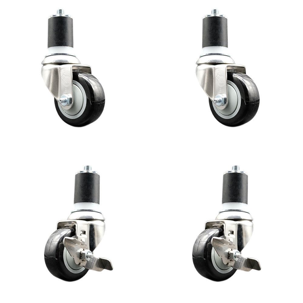 Polyurethane Swivel Stem Caster Set of 4 with 3 Inch Black Caster Wheels - 1-3/4" Expanding Stems - 316 Stainless Steel Casters-Includes 2 Swivel with Top Lock Brakes and 2 Swivel-Service Caster Brand — photo 1