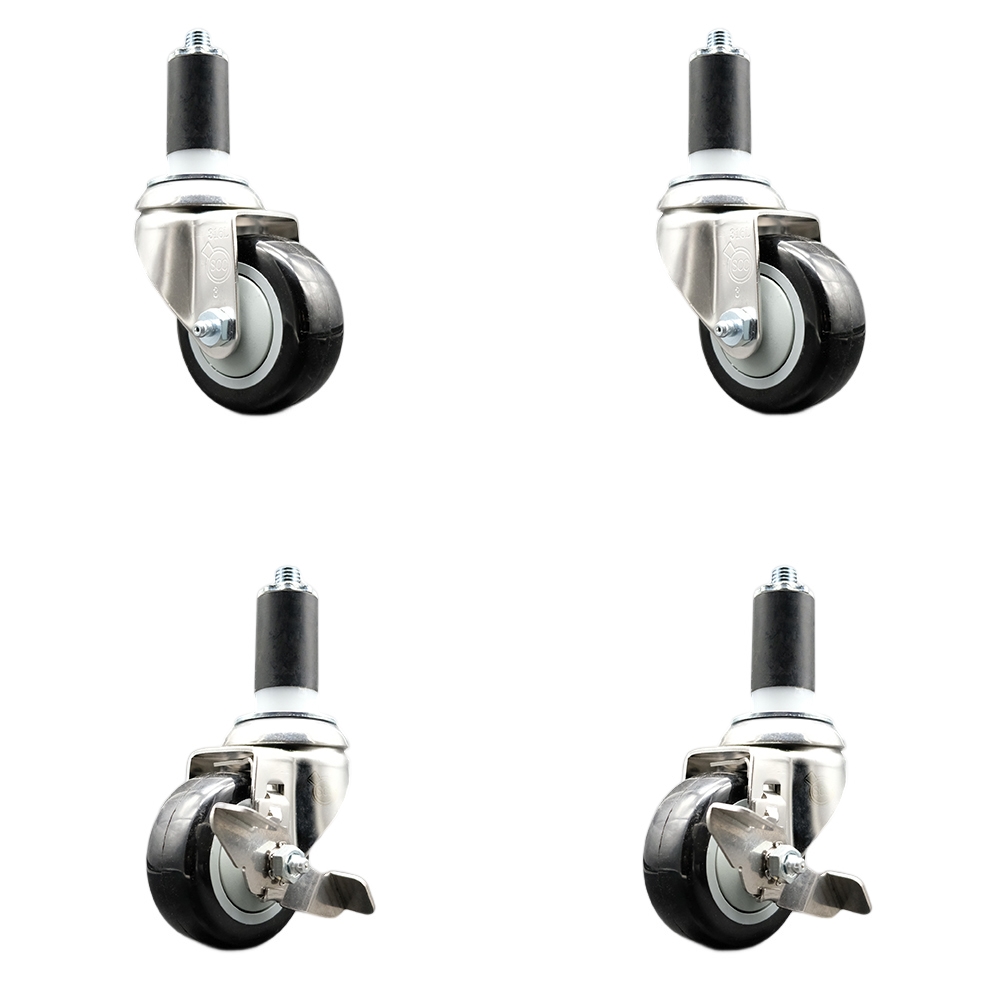 Polyurethane Swivel Stem Caster Set of 4 with 3 Inch Black Caster Wheels - 1-3/8" Expanding Stems - 316 Stainless Steel Casters-Includes 2 Swivel with Top Lock Brakes and 2 Swivel-Service Caster Brand — photo 1