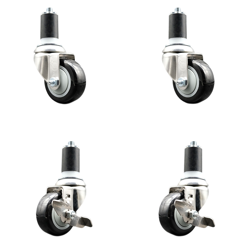 Polyurethane Swivel Stem Caster Set of 4 with 3 Inch Black Caster Wheels - 1-5/8" Expanding Stems - 316 Stainless Steel Casters-Includes 2 Swivel with Top Lock Brakes and 2 Swivel-Service Caster Brand — photo 1