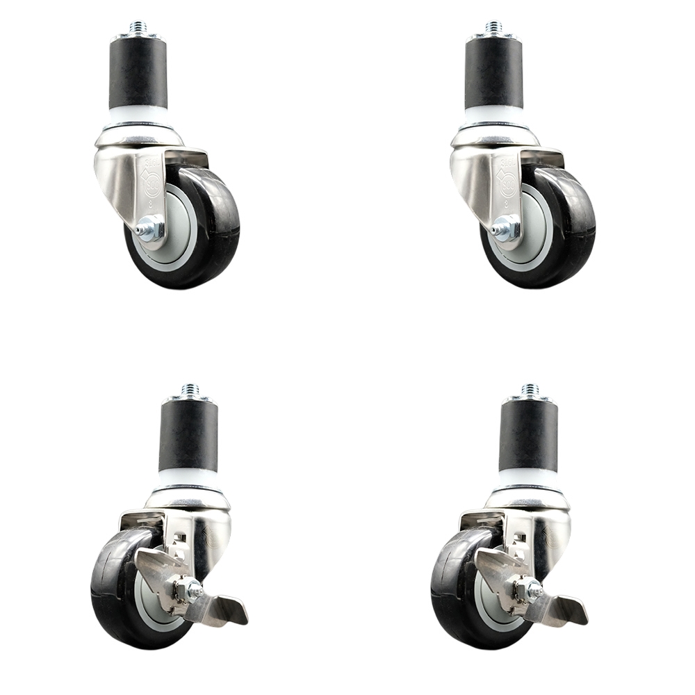 Polyurethane Swivel Stem Caster Set of 4 with 3 Inch Black Caster Wheels - 1-7/8" Expanding Stems - 316 Stainless Steel Casters-Includes 2 Swivel with Top Lock Brakes and 2 Swivel-Service Caster Brand — photo 1