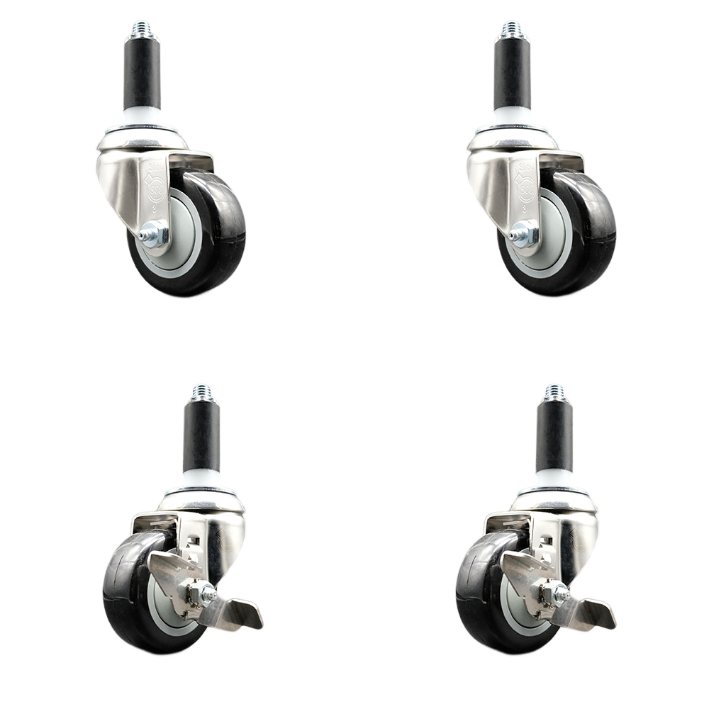 Polyurethane Swivel Stem Caster Set of 4 with 3 Inch Black Caster Wheels - 1" Expanding Stems - 316 Stainless Steel Casters - Includes 2 Swivel with Top Lock Brakes and 2 Swivel - Service Caster Brand — photo 1