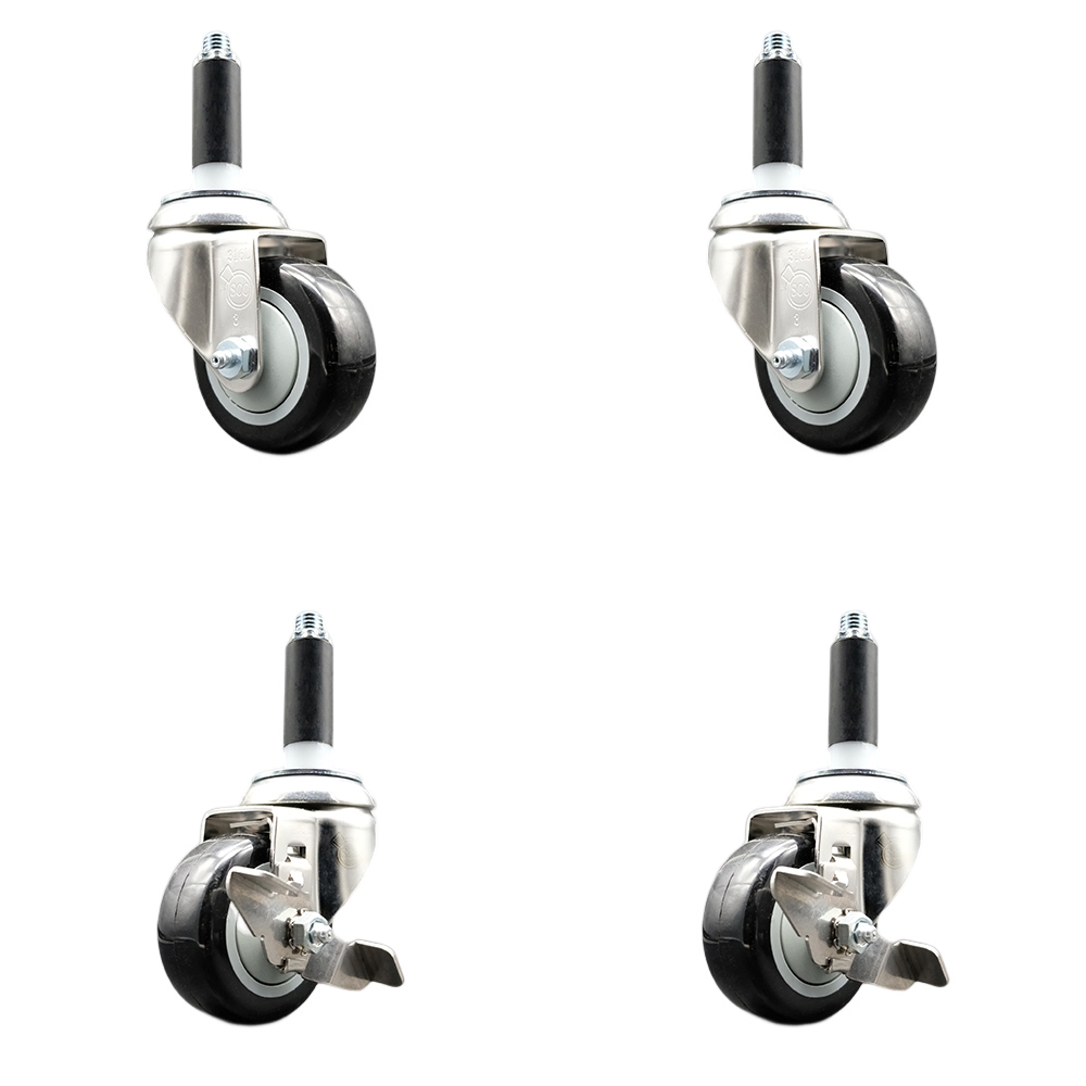 Polyurethane Swivel Stem Caster Set of 4 with 3 Inch Black Caster Wheels - 3/4" Expanding Stems - 316 Stainless Steel Casters - Includes 2 Swivel with Top Lock Brakes and 2 Swivel-Service Caster Brand — photo 1